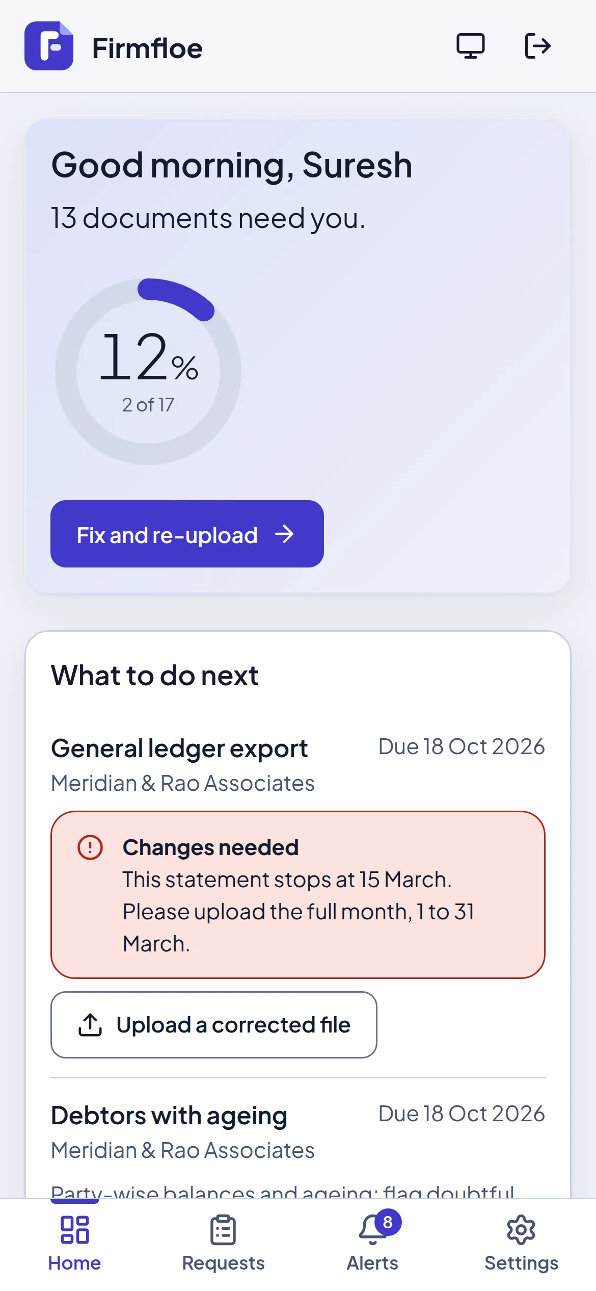 The client home on a phone: a progress ring, one highlighted next action, and a list of documents to upload.